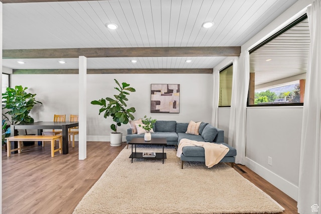 845 N 950 W, Provo, UT 84604 - living area with baseboards, wood finished floors, wood ceiling with exposed beams, and recessed lighting