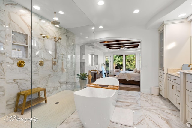 916 E Apache Dr, Washington, UT 84780 - full bath with recessed lighting, a soaking tub, a marble finish shower, marble tiled flooring, and vanity
