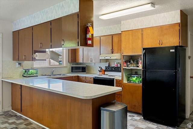 1435 W 600 S, Logan, UT 84321 - kitchen featuring freestanding refrigerator, stainless steel microwave, electric range oven, under cabinet range hood, and a sink