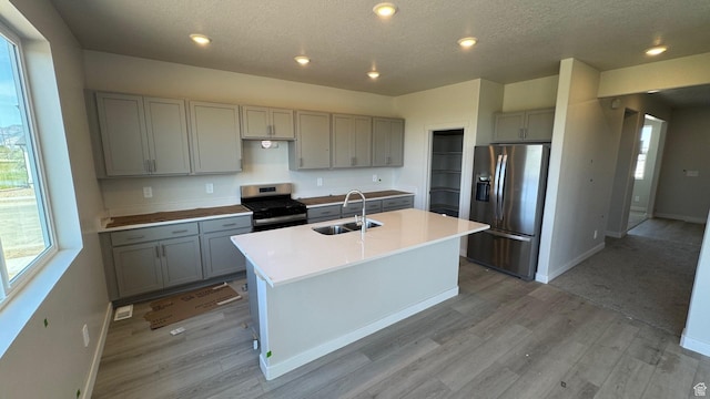 3108 W 3450 S Unit 0155, West Haven, UT 84401 - kitchen featuring stainless steel appliances, gray cabinetry, a sink, baseboards, and a textured ceiling