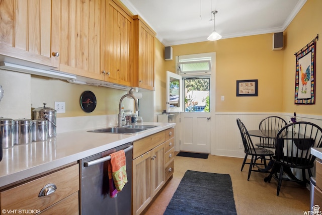 211 E 100 N, Midway, UT 84049 - kitchen featuring stainless steel dishwasher, a sink, light countertops, wainscoting, and crown molding