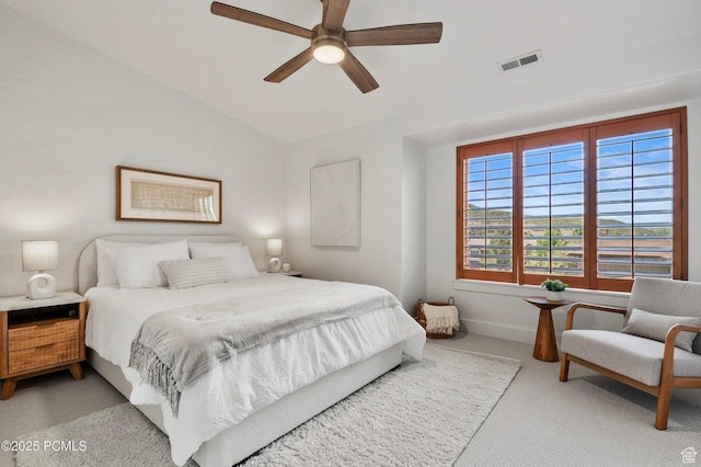 5521 N Freestyle Way, Park City, UT 84098 - bedroom with light carpet, vaulted ceiling, a ceiling fan, and baseboards