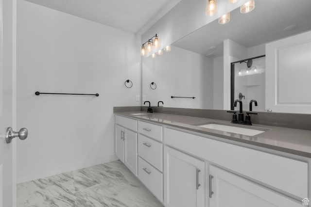 1822 N 180 E, Heber City, UT 84032 - full bathroom with marble finish flooring, double vanity, a shower with shower door, and baseboards