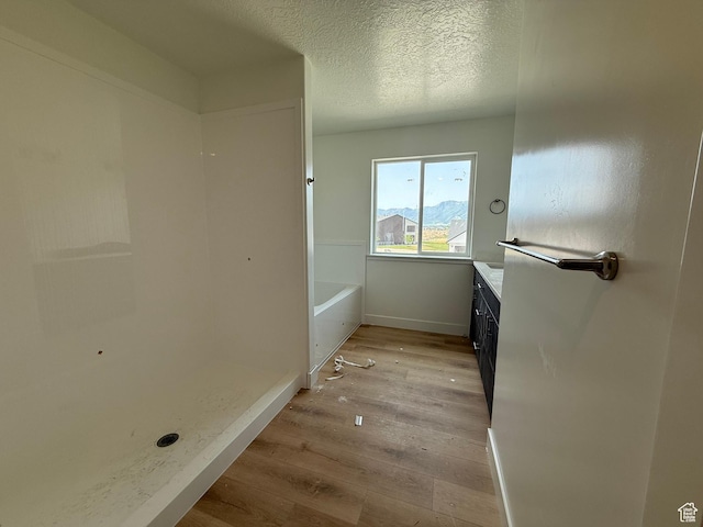3298 S 1000 W, Nibley, UT 84321 - bathroom with wood finished floors, vanity, baseboards, a tub to relax in, and a textured ceiling