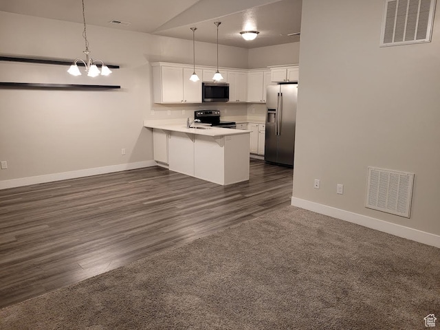 14474 Renner Ln Unit 302, Herriman, UT 84096 - kitchen featuring stainless steel refrigerator with ice dispenser, black microwave, electric range oven, a peninsula, and a kitchen breakfast bar