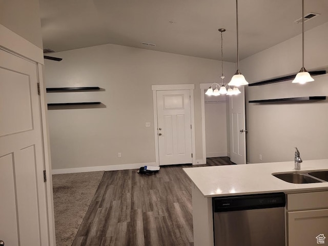 14474 Renner Ln Unit 302, Herriman, UT 84096 - kitchen with dishwasher, a sink, lofted ceiling, dark wood-style floors, and pendant lighting
