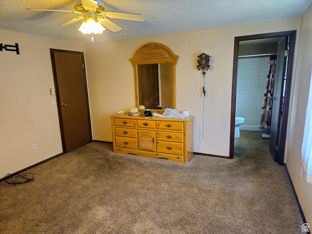 719 Adams St, Montpelier, ID 83254 - carpeted bedroom featuring a textured ceiling, ensuite bath, and ceiling fan