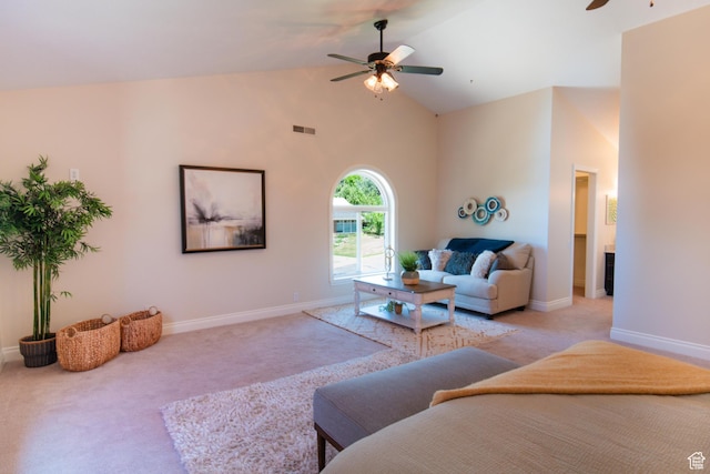 1814 N Heather Dr, Orem, UT 84097 - living area with a ceiling fan, light carpet, baseboards, and high vaulted ceiling