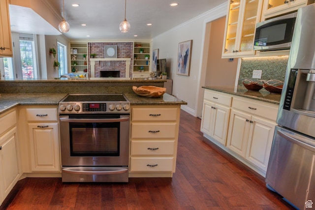1814 N Heather Dr, Orem, UT 84097 - kitchen featuring appliances with stainless steel finishes, dark wood-type flooring, decorative backsplash, crown molding, and glass insert cabinets