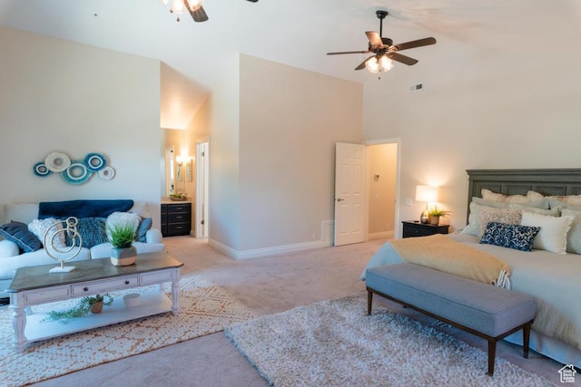 1814 N Heather Dr, Orem, UT 84097 - carpeted bedroom with high vaulted ceiling, baseboards, ceiling fan, and connected bathroom