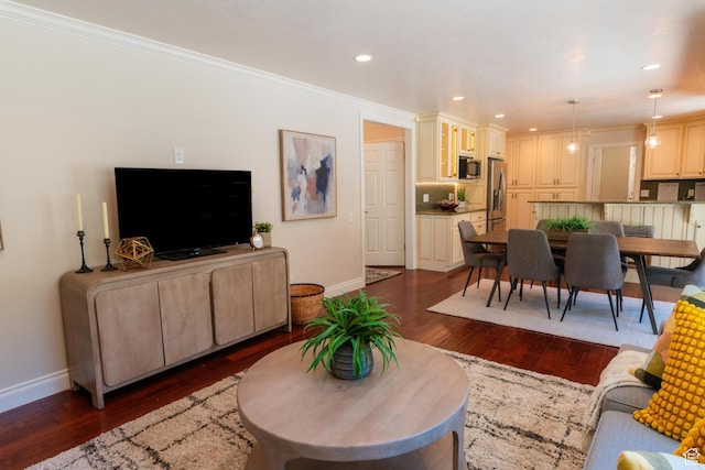 1814 N Heather Dr, Orem, UT 84097 - living room featuring baseboards, dark wood-style floors, crown molding, and recessed lighting