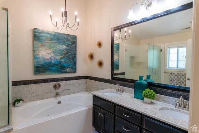 1814 N Heather Dr, Orem, UT 84097 - bathroom with a chandelier, a stall shower, double vanity, and a whirlpool tub