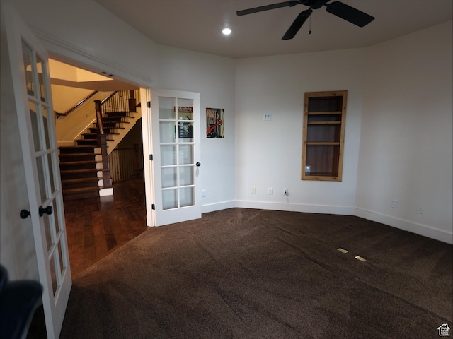 2307 Maple Leaf Dr, Cove, UT 84320 - spare room featuring french doors, a ceiling fan, carpet flooring, stairway, and recessed lighting