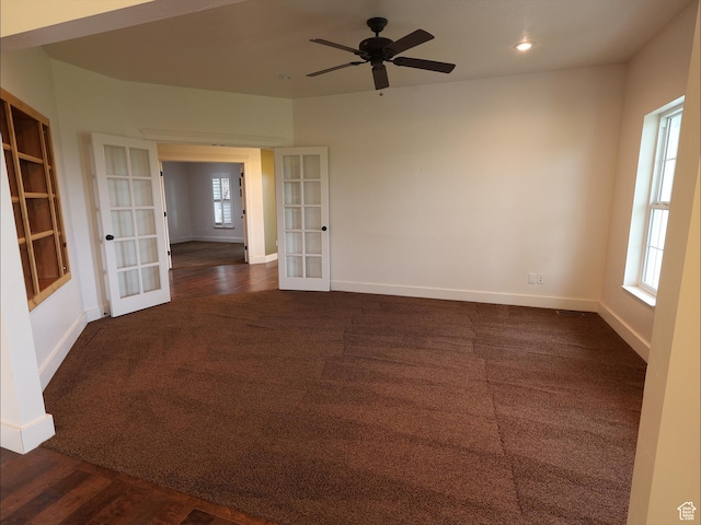 2307 Maple Leaf Dr, Cove, UT 84320 - spare room with french doors, dark colored carpet, baseboards, recessed lighting, and a ceiling fan