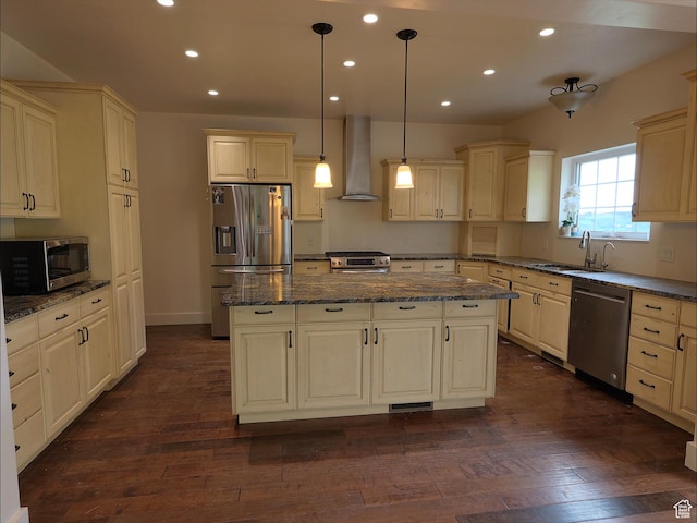 2307 Maple Leaf Dr, Cove, UT 84320 - kitchen with stainless steel appliances, wall chimney exhaust hood, a sink, a center island, and recessed lighting