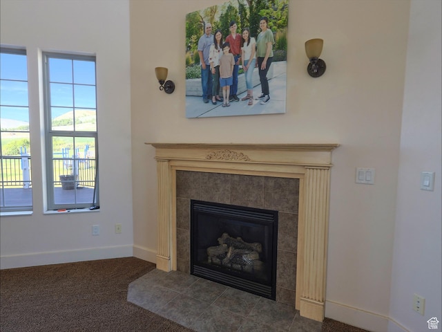 2307 Maple Leaf Dr, Cove, UT 84320 - detailed view of a fireplace, baseboards, and carpet flooring