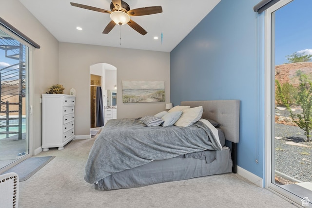 536 N Creek Cir, Washington, UT 84780 - bedroom with light colored carpet, access to exterior, arched walkways, baseboards, and recessed lighting