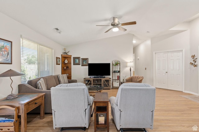 1040 S 1100 E Unit 80, St George, UT 84790 - living area with light wood-style floors, vaulted ceiling, ceiling fan, and baseboards