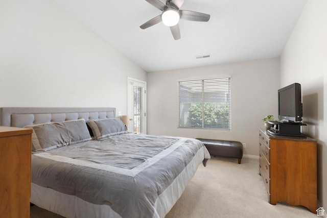 1040 S 1100 E Unit 80, St George, UT 84790 - bedroom featuring light carpet, baseboards, vaulted ceiling, and ceiling fan