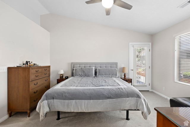 1040 S 1100 E Unit 80, St George, UT 84790 - bedroom with lofted ceiling, light colored carpet, access to exterior, baseboards, and a ceiling fan