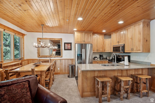 3988 N Timber Wolf Ln Unit 10D, Park City, UT 84098 - kitchen with appliances with stainless steel finishes, wooden ceiling, a wainscoted wall, a peninsula, and a sink
