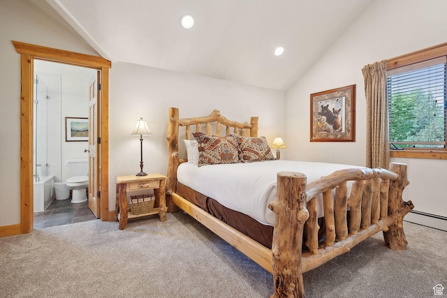 3988 N Timber Wolf Ln Unit 10D, Park City, UT 84098 - carpeted bedroom with lofted ceiling, recessed lighting, ensuite bath, and baseboard heating