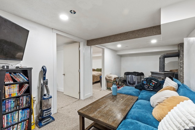 42 W 200 S, Spanish Fork, UT 84660 - living area featuring a wood stove, carpet flooring, recessed lighting, and baseboards
