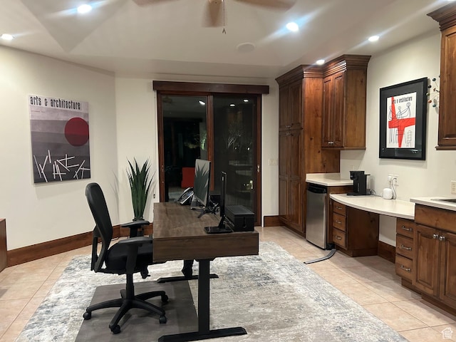 2763 N Chaco Trl, St George, UT 84770 - home office featuring light tile patterned floors, recessed lighting, baseboards, and a ceiling fan