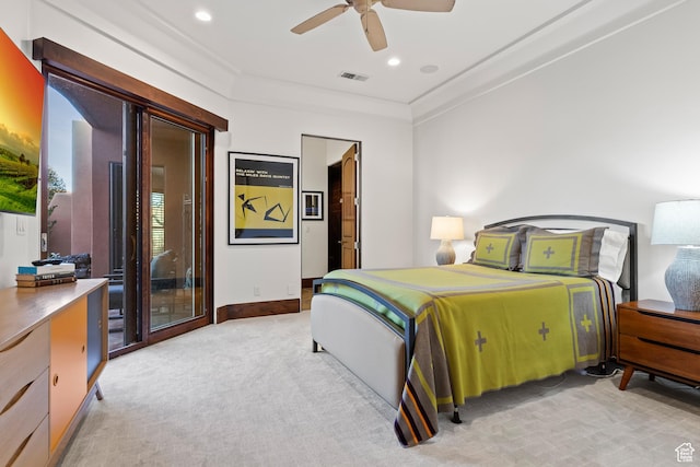 2763 N Chaco Trl, St George, UT 84770 - bedroom with light carpet, baseboards, recessed lighting, a ceiling fan, and ornamental molding