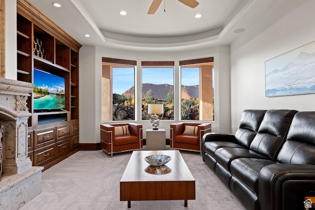 2763 N Chaco Trl, St George, UT 84770 - living room with light carpet, recessed lighting, ceiling fan, and a raised ceiling