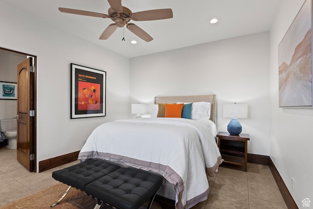 2763 N Chaco Trl, St George, UT 84770 - bedroom with light tile patterned floors, baseboards, recessed lighting, connected bathroom, and a ceiling fan