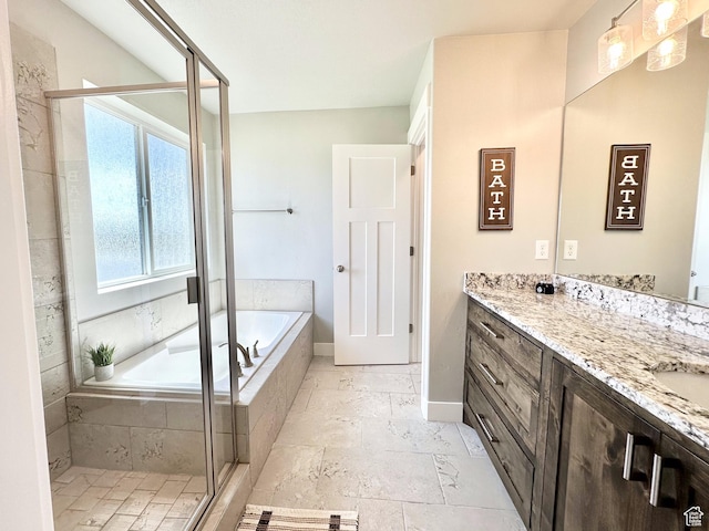5154 N Blackbrush Dr, Eagle Mountain, UT 84005 - full bath featuring vanity, a bath, a stall shower, and baseboards