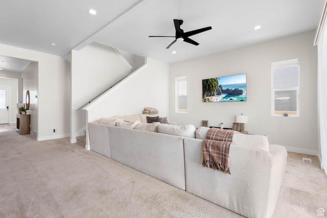 14908 S Fawley Ln, Herriman, UT 84096 - living room featuring carpet flooring, stairway, a ceiling fan, recessed lighting, and baseboards