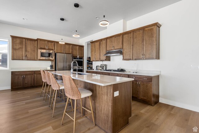 14908 S Fawley Ln, Herriman, UT 84096 - kitchen featuring appliances with stainless steel finishes, a sink, light wood-type flooring, a kitchen breakfast bar, and under cabinet range hood