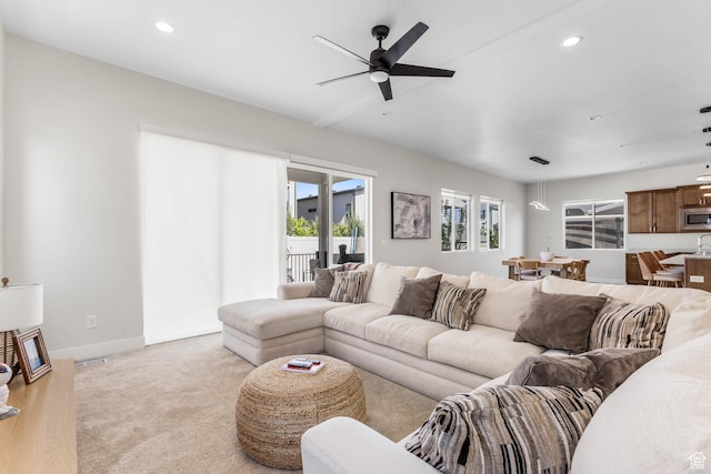 14908 S Fawley Ln, Herriman, UT 84096 - living area with a ceiling fan, light carpet, baseboards, and recessed lighting