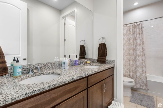 14908 S Fawley Ln, Herriman, UT 84096 - bathroom with double vanity, toilet, shower / tub combo, tile patterned floors, and recessed lighting