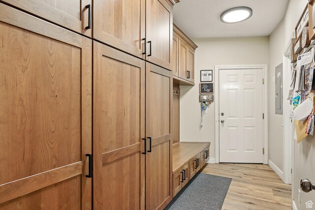 2271 W Crestview Cir, Cedar City, UT 84720 - mudroom with light wood finished floors, baseboards, and electric panel