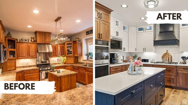 2271 W Crestview Cir, Cedar City, UT 84720 - kitchen with a center island, appliances with stainless steel finishes, custom range hood, ventilation hood, and brown cabinets