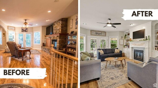 2271 W Crestview Cir, Cedar City, UT 84720 - living area with a glass covered fireplace, ceiling fan, healthy amount of natural light, and recessed lighting