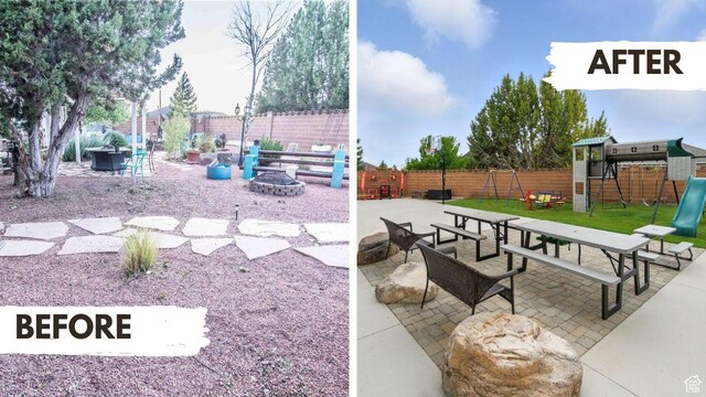 2271 W Crestview Cir, Cedar City, UT 84720 - view of property's community featuring an outdoor fire pit, a playground, and a patio