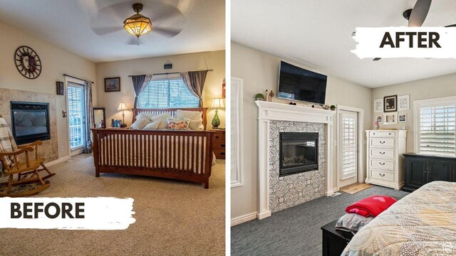 2271 W Crestview Cir, Cedar City, UT 84720 - bedroom featuring a fireplace, carpet, and access to outside