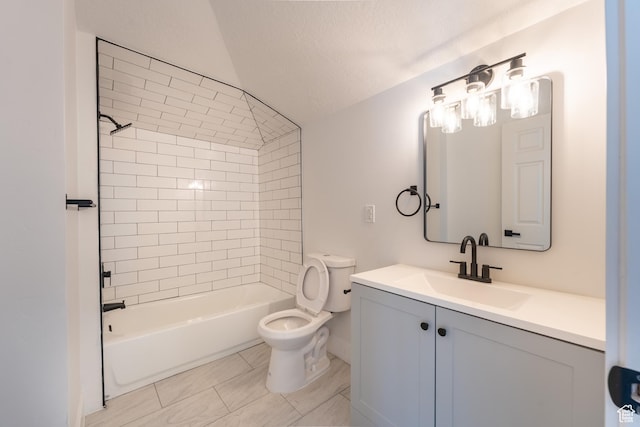 2202 S Lake St, South Salt Lake, UT 84106 - bathroom featuring toilet, vanity, lofted ceiling,  shower combination, and a textured ceiling