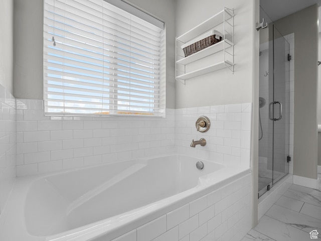 1353 Sageberry Dr, Santaquin, UT 84655 - bathroom with a bath, a shower stall, and marble look tile flooring