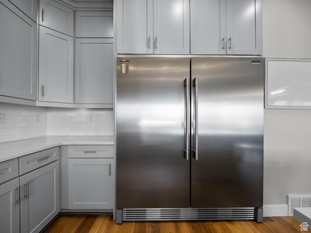 1353 Sageberry Dr, Santaquin, UT 84655 - kitchen featuring built in fridge, gray cabinetry, light countertops, decorative backsplash, and wood finished floors