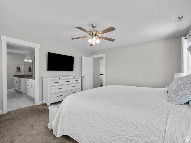 1353 Sageberry Dr, Santaquin, UT 84655 - bedroom featuring light marble finish floors, ensuite bathroom, and a ceiling fan