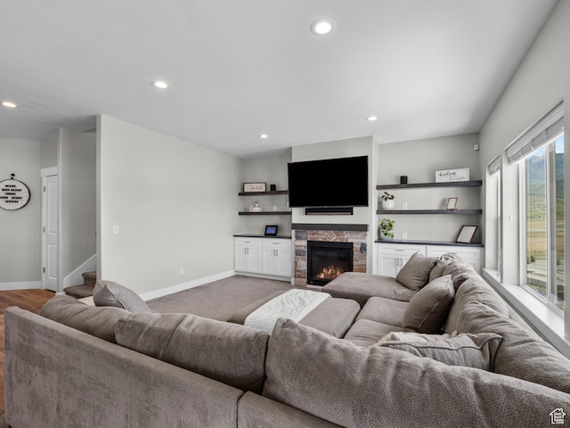 1353 Sageberry Dr, Santaquin, UT 84655 - living room with recessed lighting, a fireplace, and stairway