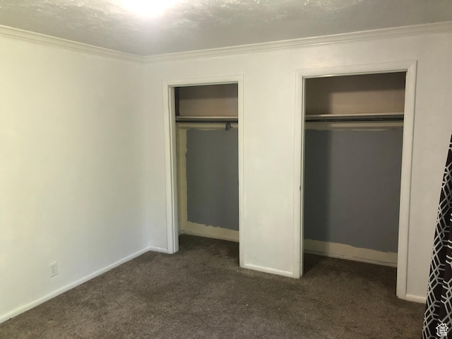 399 E 400 N Unit 2A, Bountiful, UT 84010 - unfurnished bedroom featuring two closets, dark colored carpet, crown molding, and baseboards