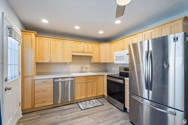 399 E 400 N Unit 2A, Bountiful, UT 84010 - kitchen featuring appliances with stainless steel finishes, light brown cabinetry, light countertops, light wood-style flooring, and recessed lighting