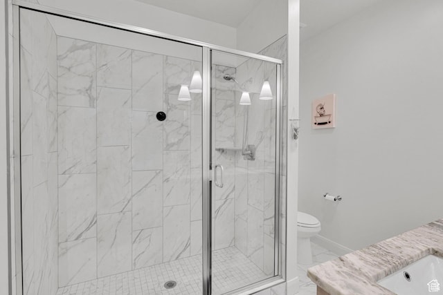 4022 S Burch Creek Way S, Ogden, UT 84405 - full bath featuring a stall shower, toilet, marble finish flooring, and vanity