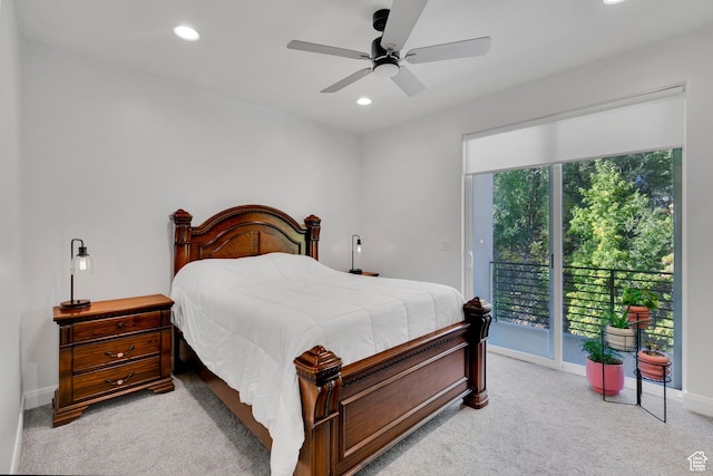 4022 S Burch Creek Way S, Ogden, UT 84405 - bedroom with access to exterior, light colored carpet, recessed lighting, baseboards, and a ceiling fan